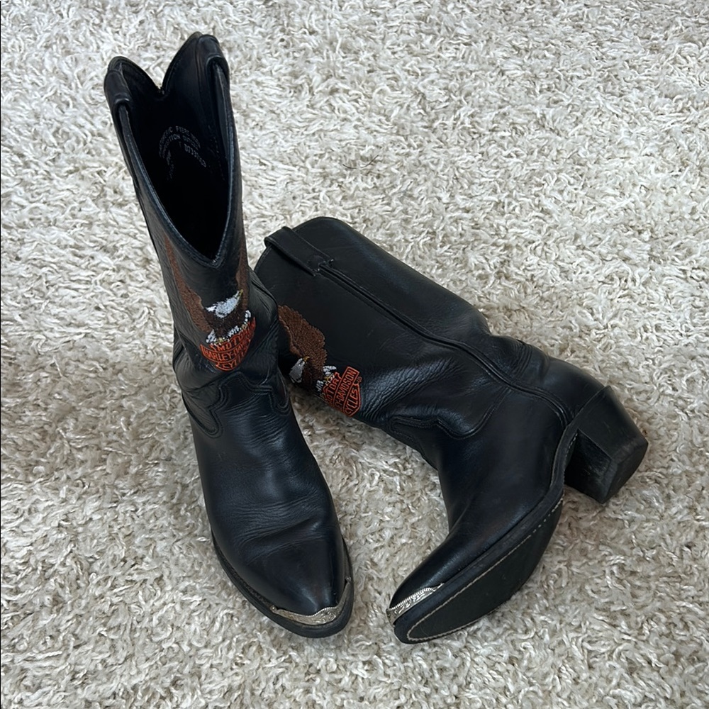 Harley Davidson Black Leather Western Boots Embroidered Eagle